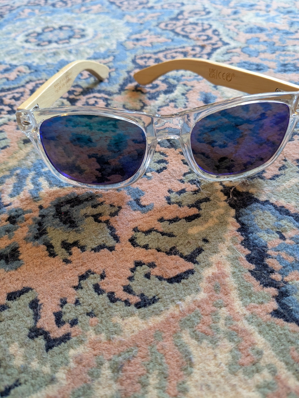 Clear Frame Sunglasses with Blue Mirrored Lenses And Bamboo Arms, Unisex